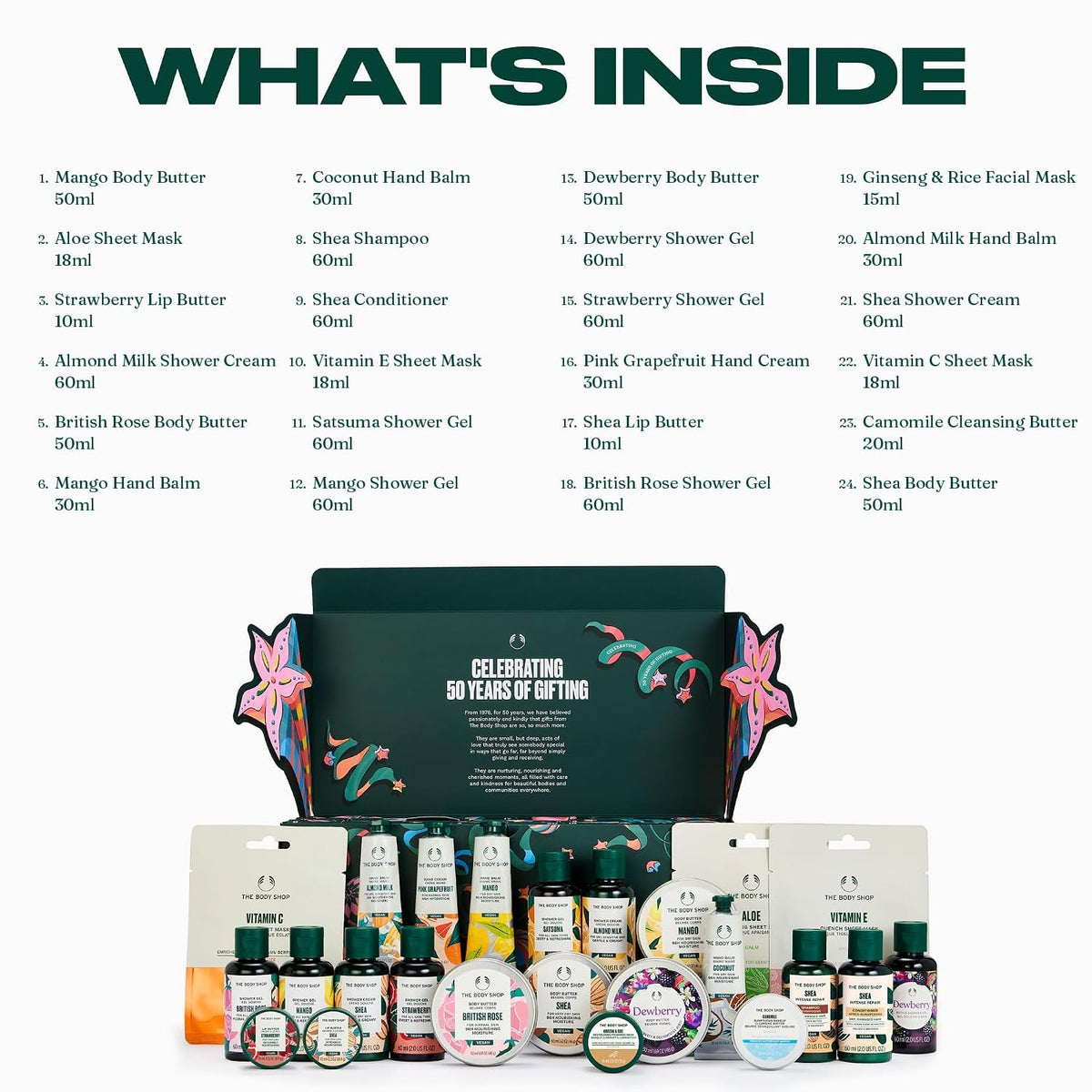 Infographic listing all 24 beauty products in the advent calendar including body butters, shower gels, sheet masks and hand balms