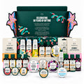 24-piece beauty advent calendar gift set opened to reveal body butters, shower gels, hand balms, sheet masks and lip products