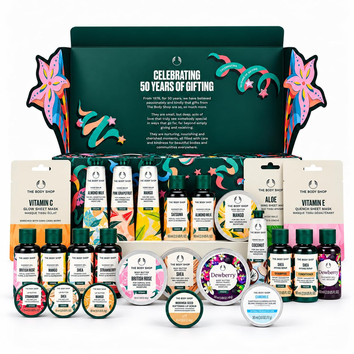 24-piece beauty advent calendar gift set opened to reveal body butters, shower gels, hand balms, sheet masks and lip products