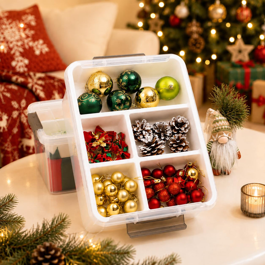 Container with Christmas ornaments on a table with festive background