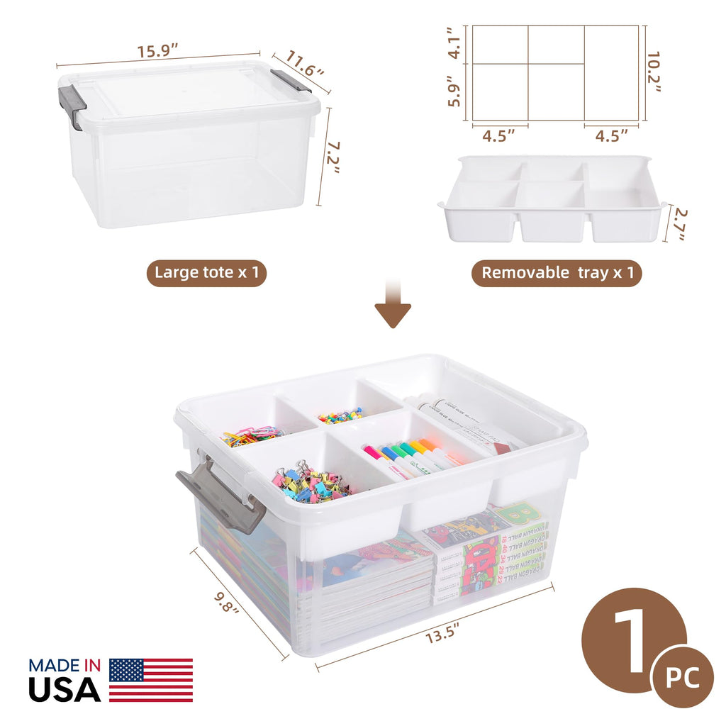 White plastic storage organizer set with dimension callouts and a filled example view. The set includes a large storage tote and a removable multi-compartment tray, shown with measurements and a 'Made in USA' badge.