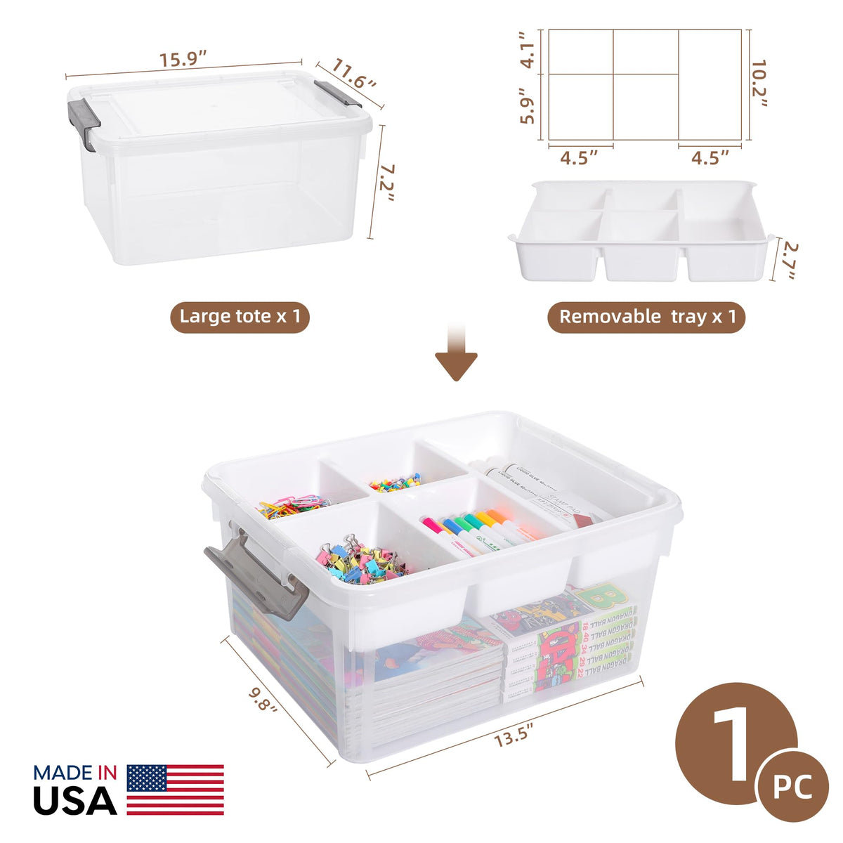 White plastic storage organizer set with dimension callouts and a filled example view. The set includes a large storage tote and a removable multi-compartment tray, shown with measurements and a 'Made in USA' badge.