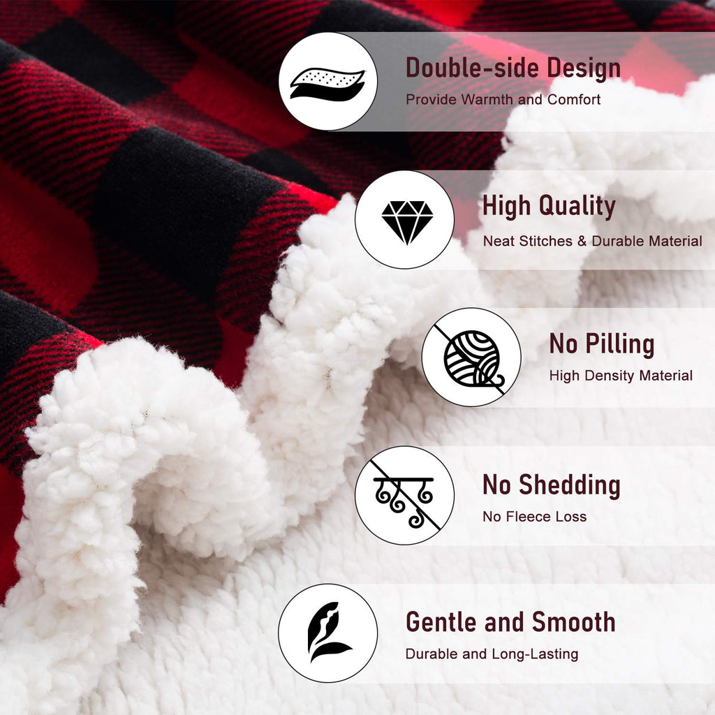 Textured fabric with red and black plaid pattern and white fluffy texture, featuring quality and feature icons.