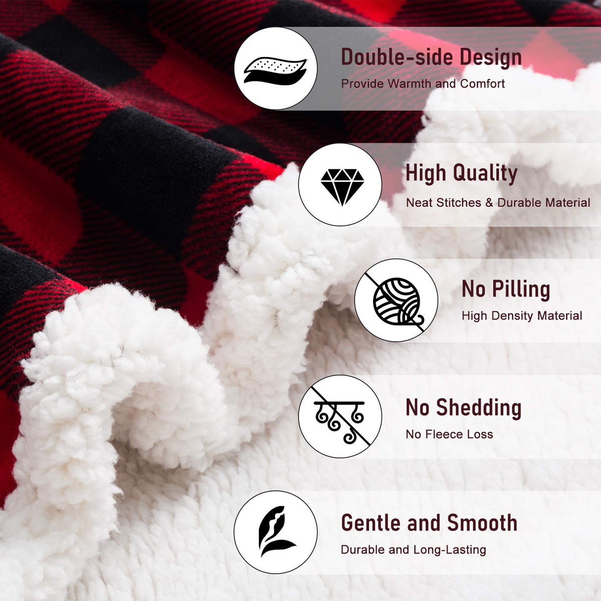 Textured fabric with red and black plaid pattern and white fluffy texture, featuring quality and feature icons.