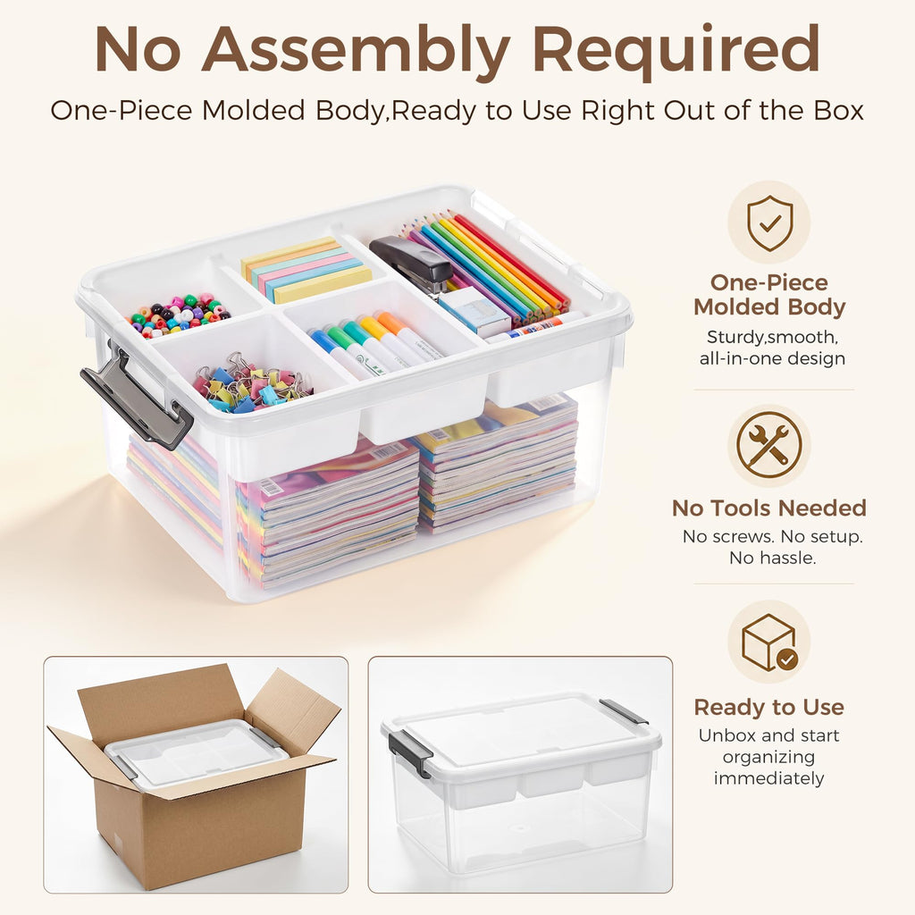 Clear storage box with compartments filled with stationery items on a light background, featuring text about no assembly required.