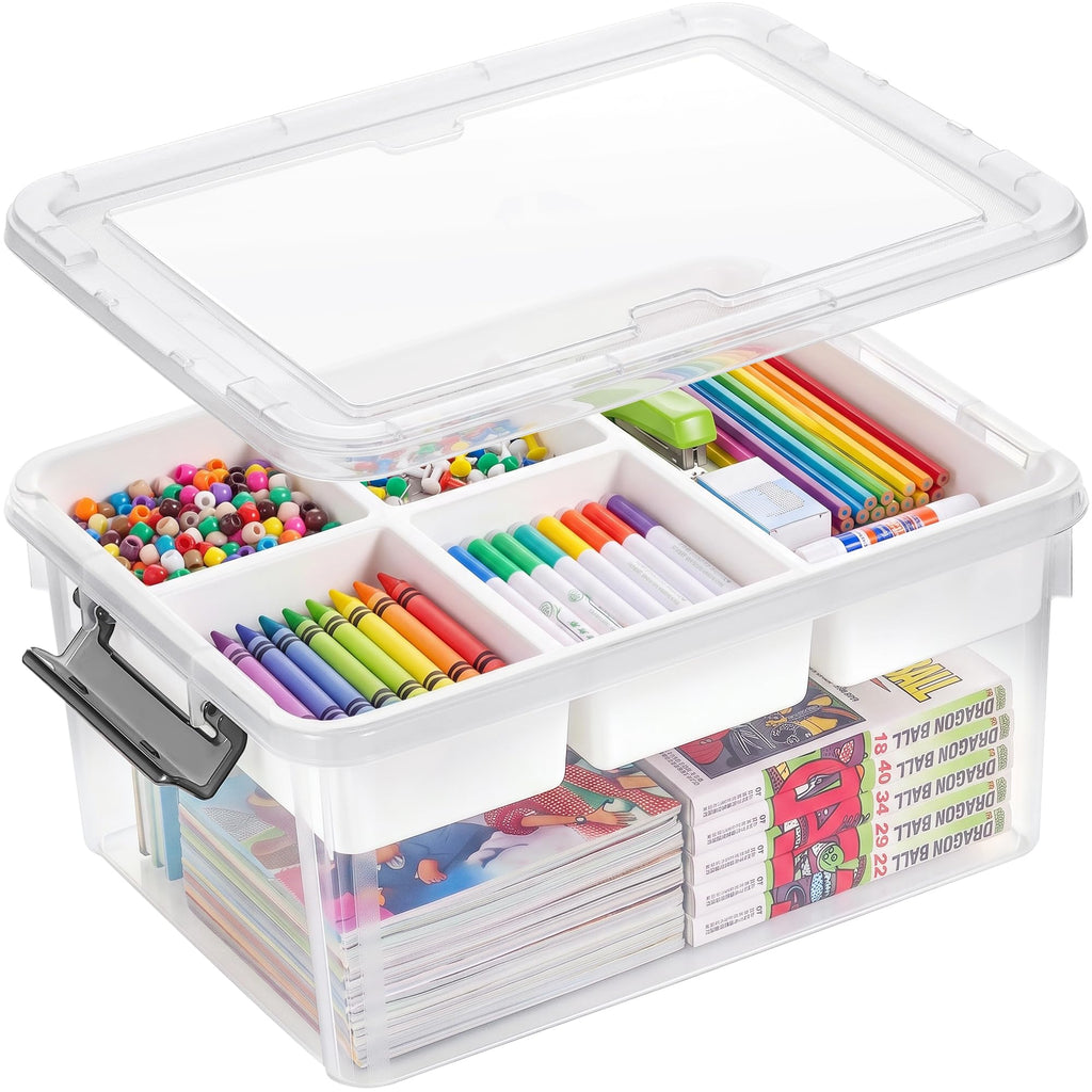 A clear plastic storage organizer box with a hinged lid, shown open and filled with colorful school supplies, beads, pencils, markers, and boxed items on a white background.