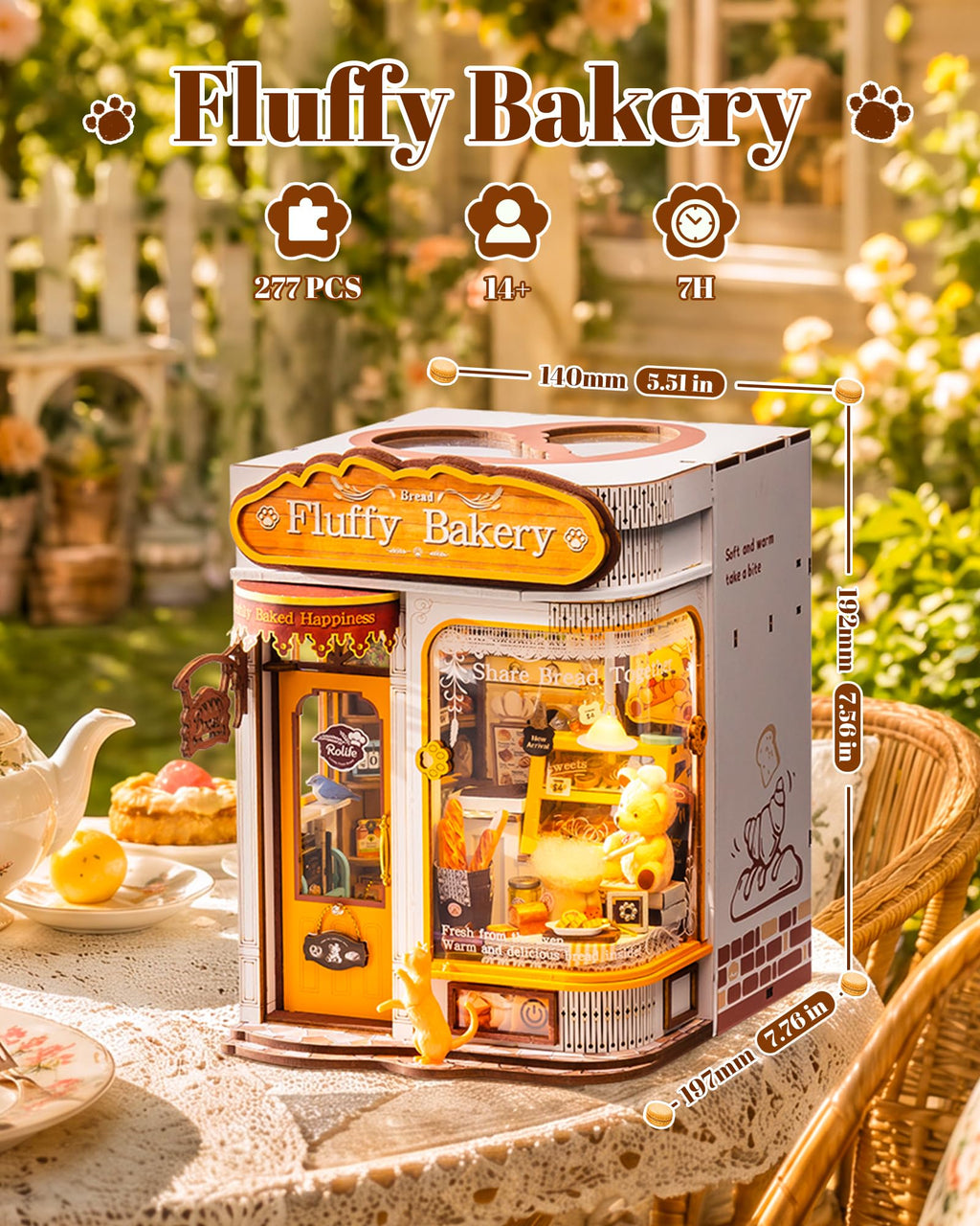 Size infographic for Fluffy Bakery miniature book nook kit showing 277 pieces ages 14 plus 7 hours build time dimensions 140x197x192mm on garden table background