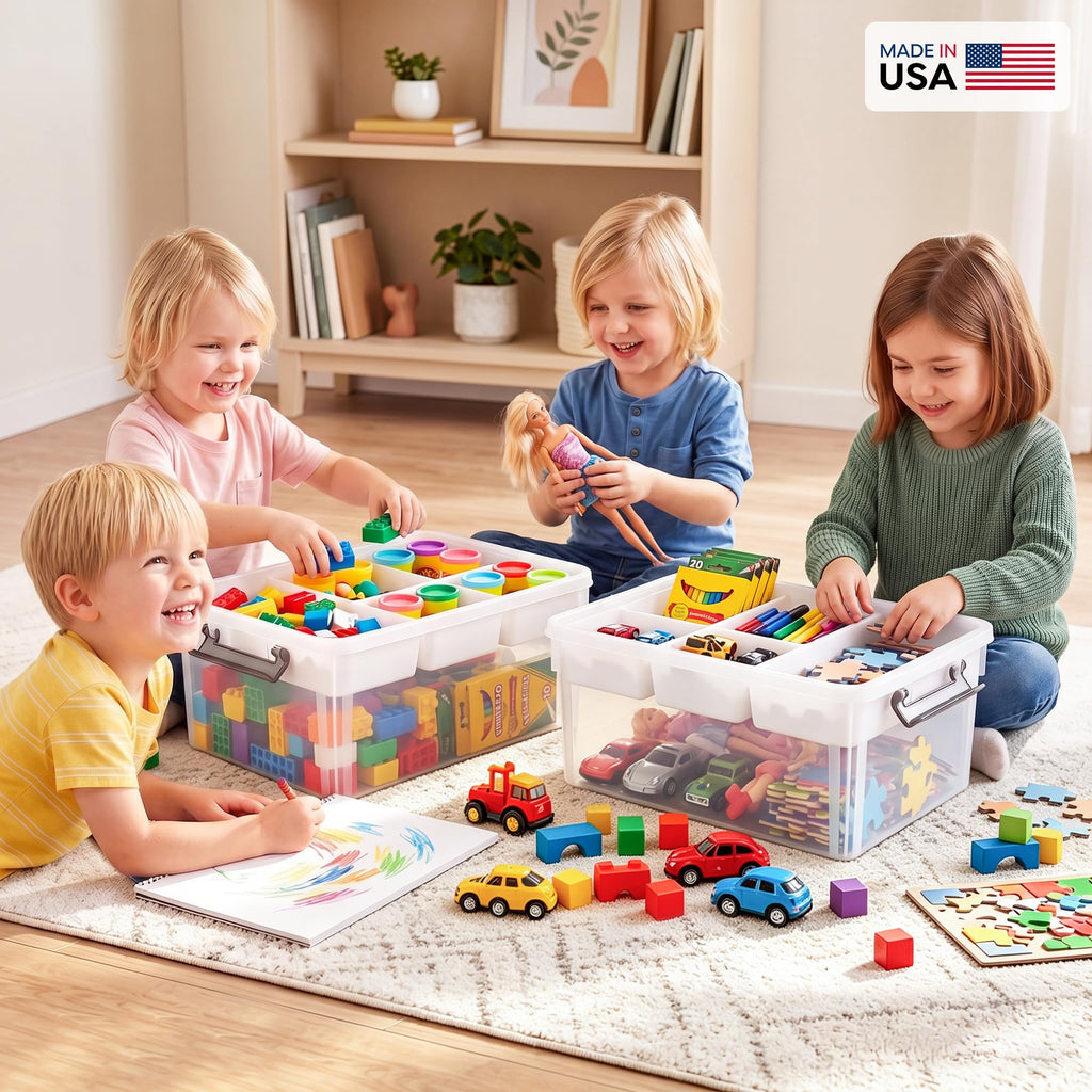 Children playing with toys in a room with a shelf and plants.