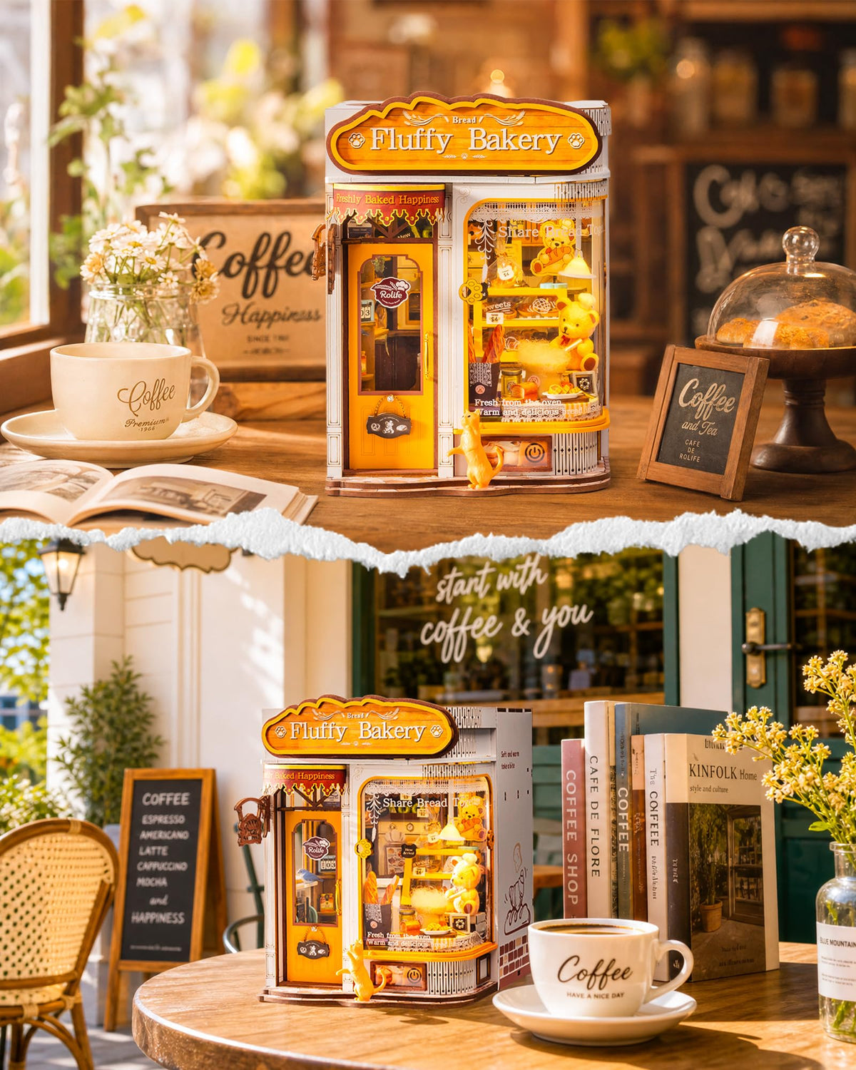 Two views of completed Fluffy Bakery miniature book nook displayed on a coffee shop table beside a coffee cup and books with Start With Coffee and You text