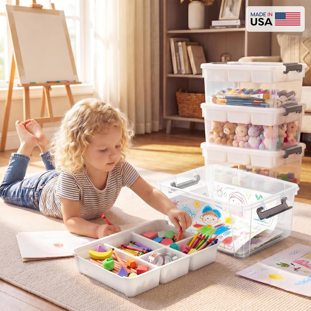 Child playing with art supplies in a room with storage bins and a USA flag label.