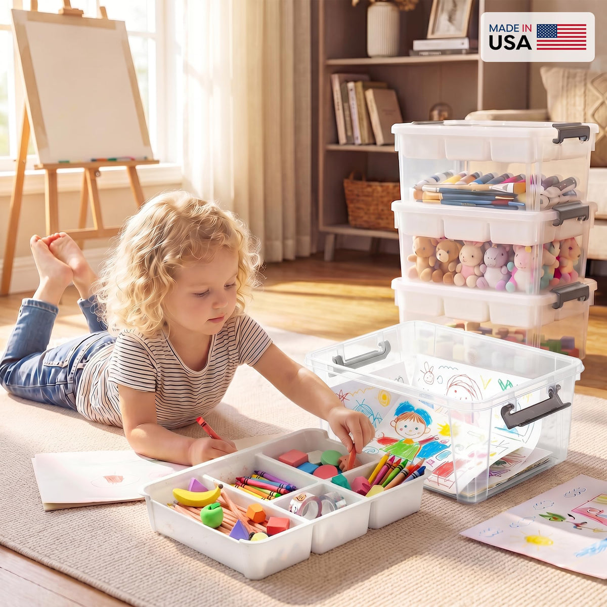 Child playing with art supplies in a room with storage bins and a USA flag label.