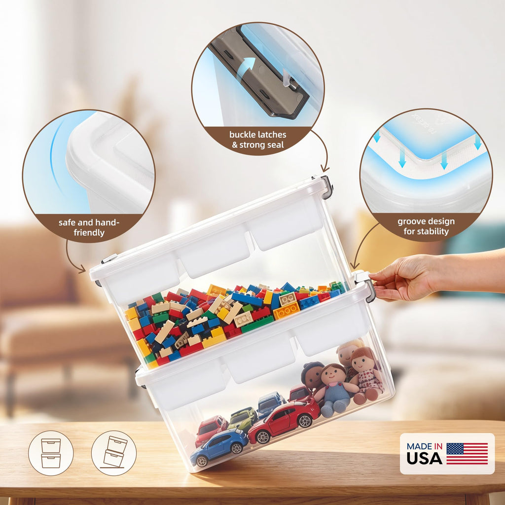 Toy storage box with colorful blocks and toys, featuring buckle latches and a strong seal.