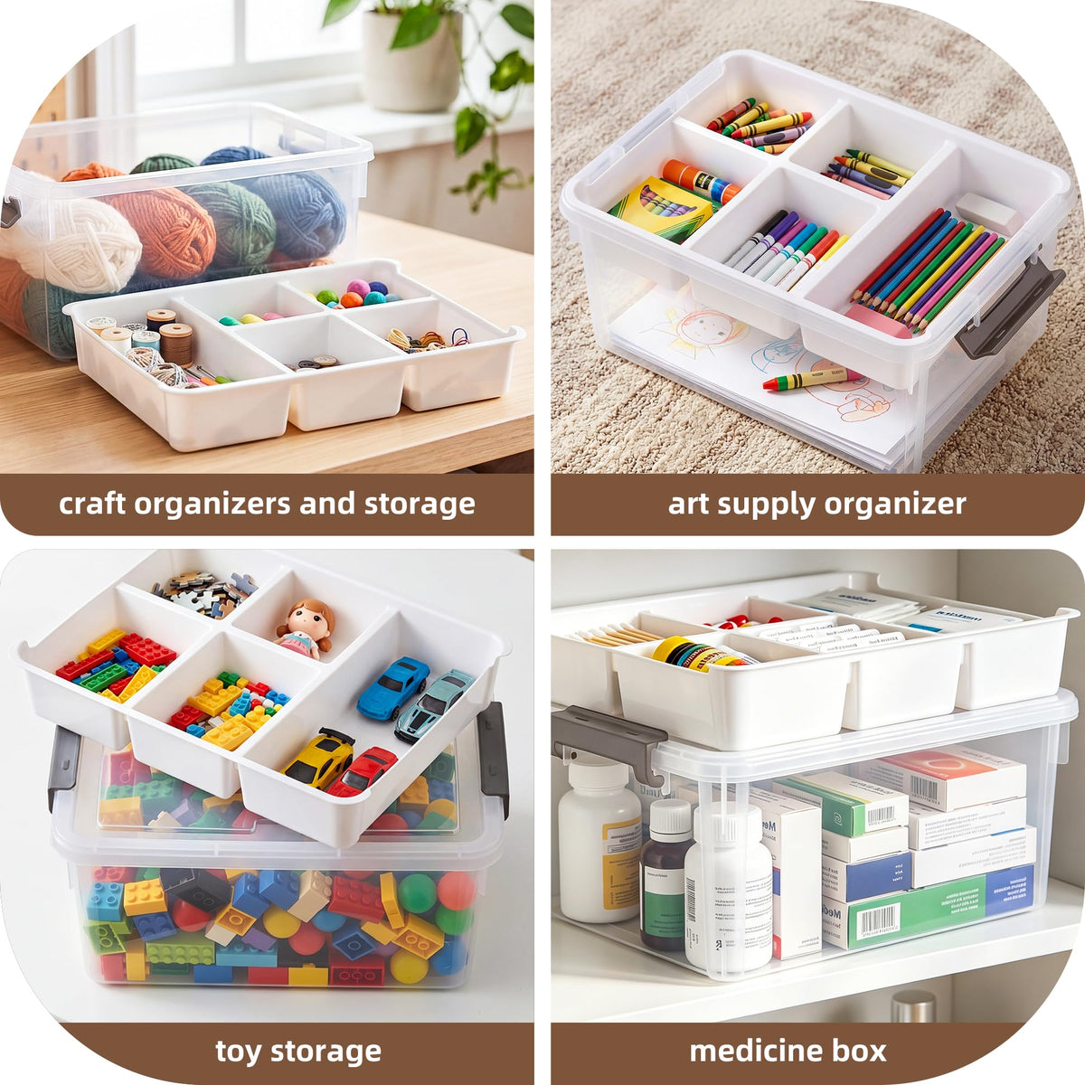 Collage of various storage containers for craft, art supplies, toys, and medicine.