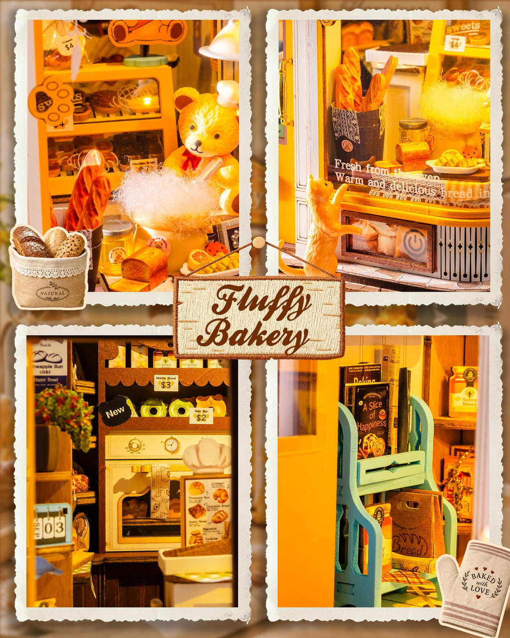 A collage of four warm-toned miniature bakery scenes with toy-like breads, pastries, shelves, and signage, plus a central sign reading 'Fluffy Bakery.' This appears to be decorative artwork or a print rather than a straightforward product photo of a physical object, so I classify it as Scenery because the depicted scene itself is the salient content being sold or displayed.