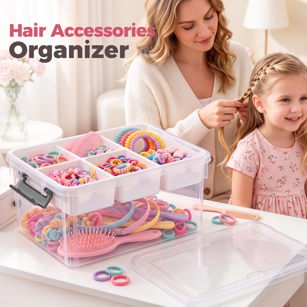A clear plastic hair accessories organizer box filled with colorful hair ties, brushes, and combs, shown on a white table with a woman braiding a child's hair in the background. The text 'Hair Accessories Organizer' appears in the top left corner.