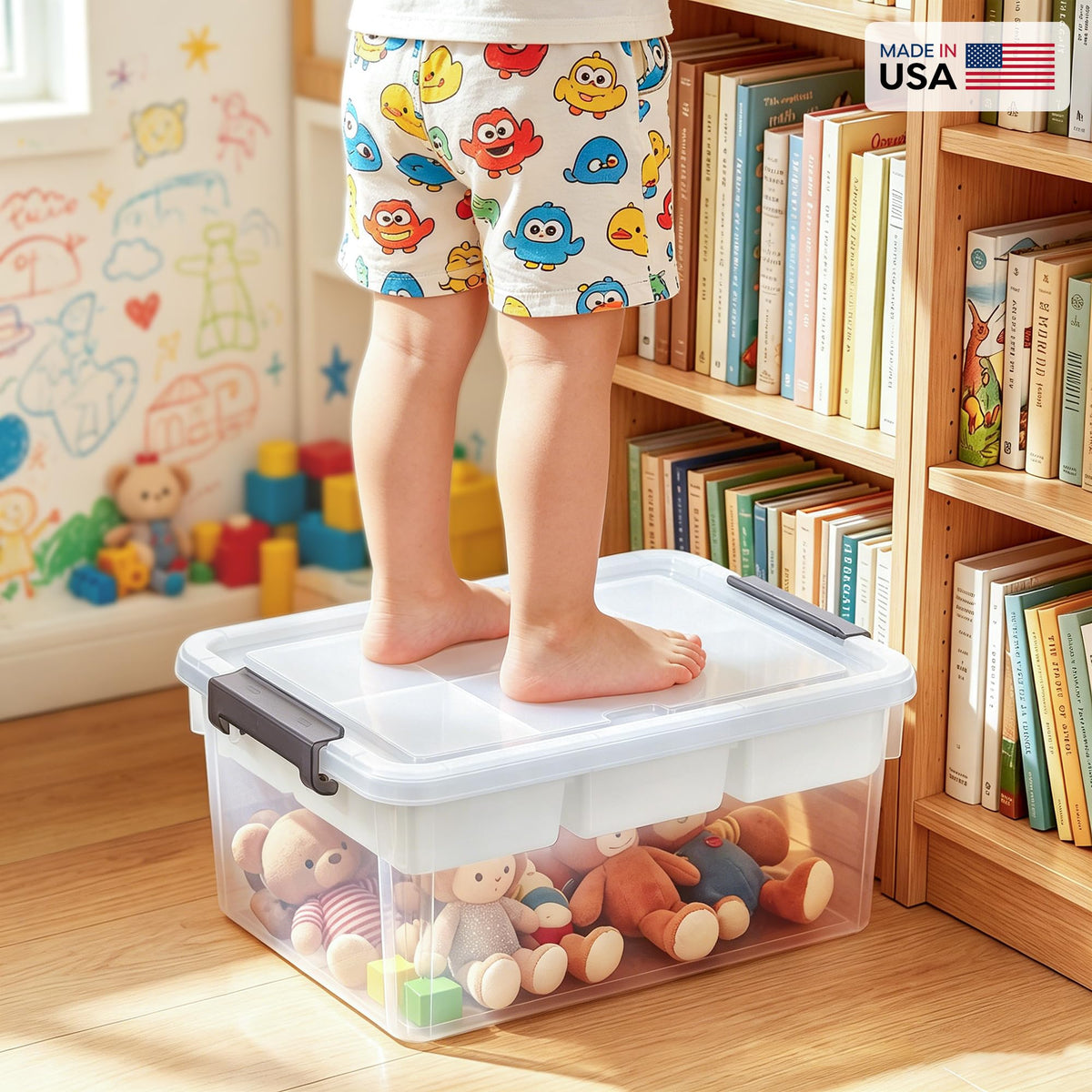 Child standing on a transparent storage box filled with toys, in front of a bookshelf.