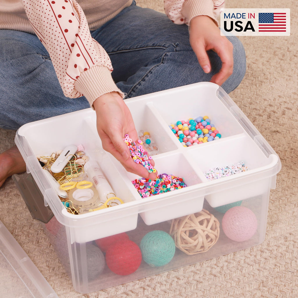 Person sorting colorful beads into a clear storage box with 'Made in USA' label.