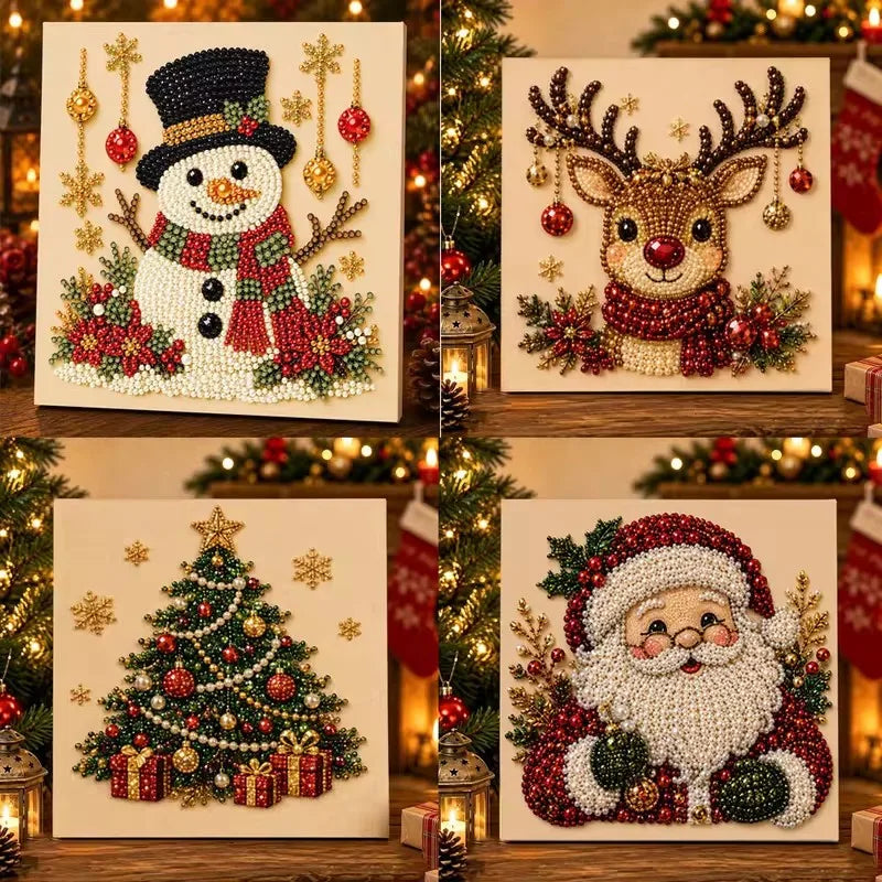 A 2x2 collage showing four Christmas-themed diamond painting or bead art panels: a snowman, a reindeer, a Christmas tree, and Santa Claus, each displayed on a wooden surface with a warm holiday background of blurred Christmas trees and lanterns.