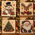 A 2x2 collage showing four Christmas-themed diamond painting or bead art panels: a snowman, a reindeer, a Christmas tree, and Santa Claus, each displayed on a wooden surface with a warm holiday background of blurred Christmas trees and lanterns.
