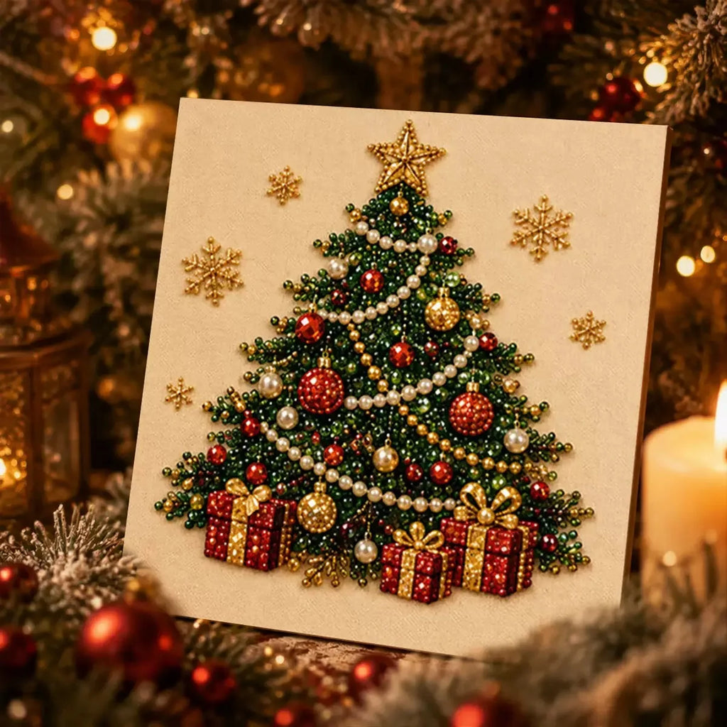 A square beaded Christmas tree craft card or plaque featuring a green tree decorated with red ornaments, white pearl-like beads, gold star and snowflake motifs, and two red-and-gold presents at the base, set against a festive blurred Christmas tree background with warm lights.