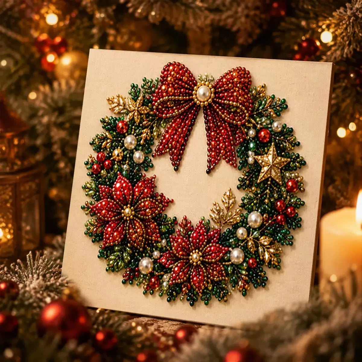 A square beaded Christmas wreath craft piece with a large red bow, red poinsettias, green leaves, gold accents, and pearl-like beads, displayed against a festive holiday background with lights and ornaments.