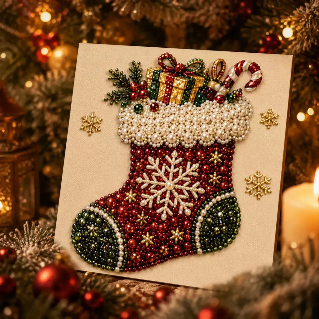A Christmas stocking beaded art piece on a cream card, surrounded by festive holiday decorations including a lit candle, pine branches, ornaments, and a blurred Christmas tree in the background.
