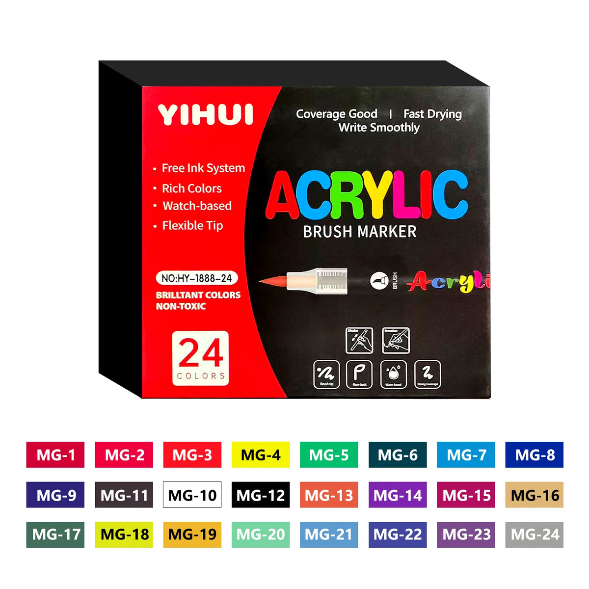 YIHUI acrylic brush marker packaging with color options displayed below.