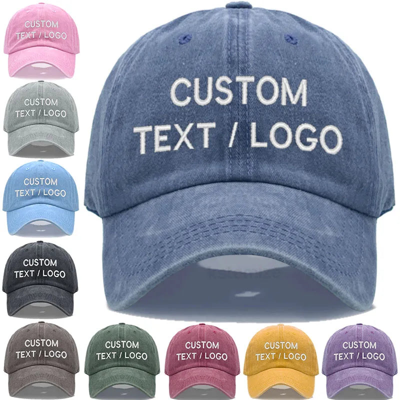 Collection of customizable baseball caps in various colors with 'CUSTOM TEXT / LOGO' text.