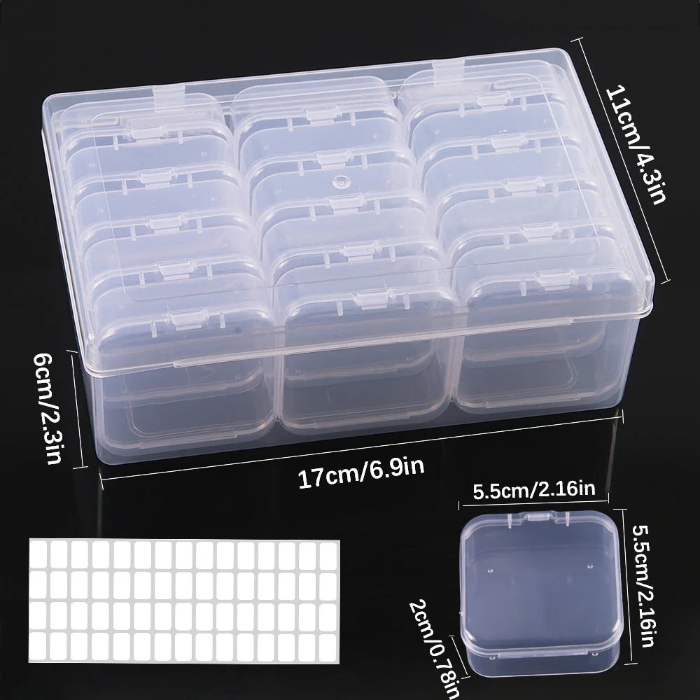 Size infographic for medium box 17x11x6cm holding 15 mini square boxes 5.5x5.5x2cm with label stickers shown on black background