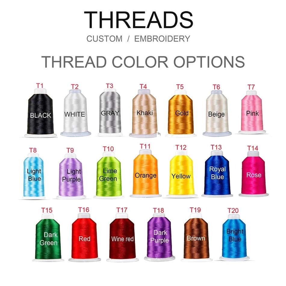 Collection of embroidery thread spools with color labels on a white background