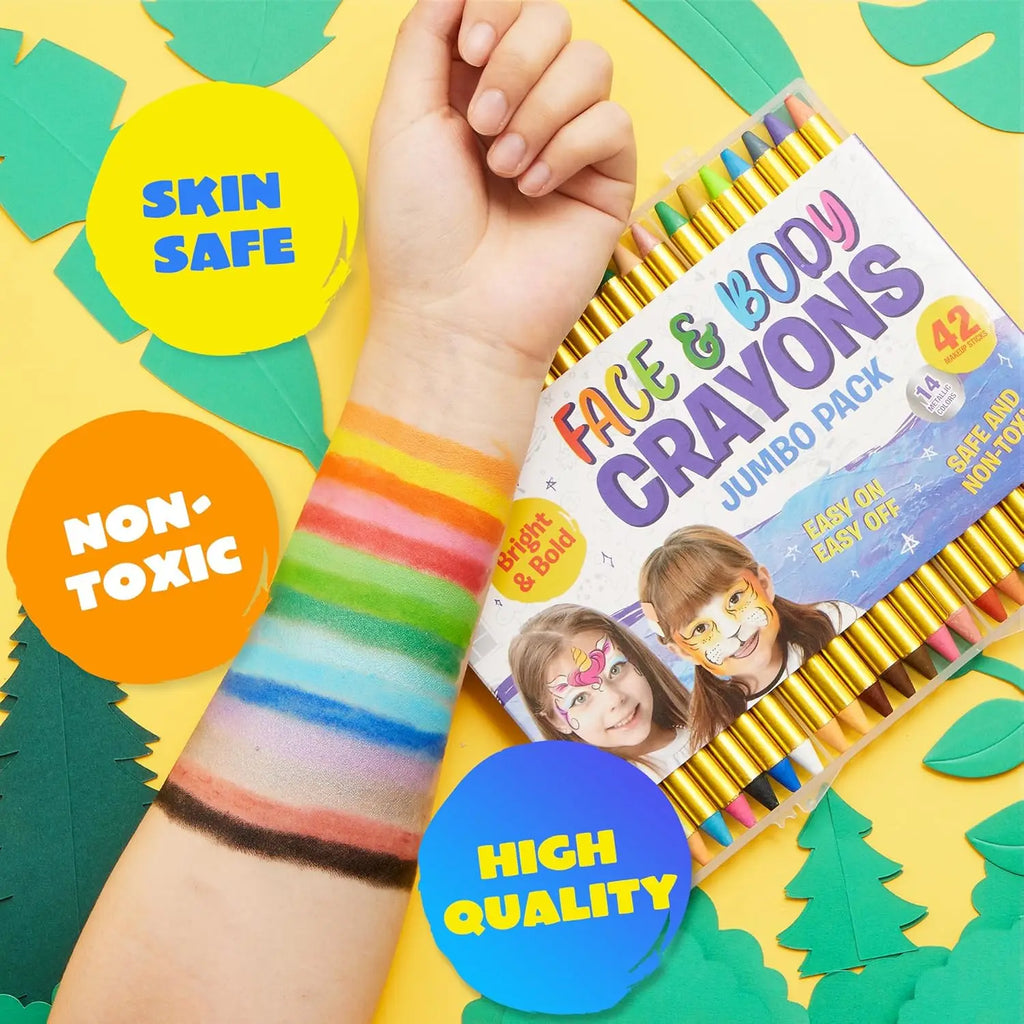 Face and body crayons with a child's hand wearing colorful wrist paint, on a yellow background with leaf decorations.