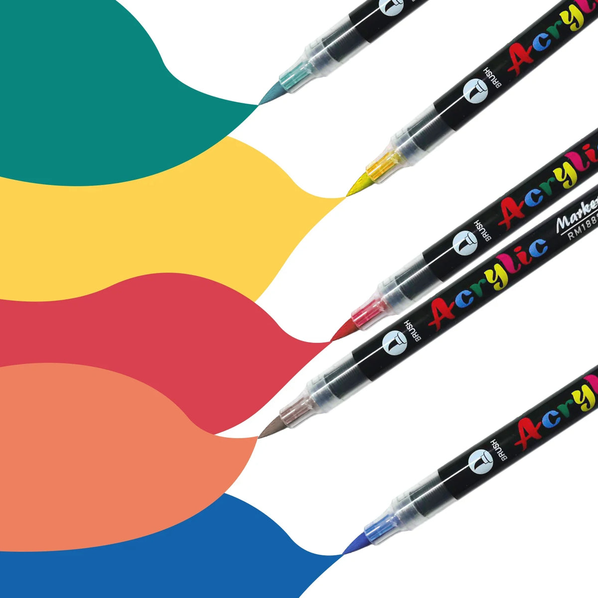 Acrylic markers with colorful paint splashes on a white background