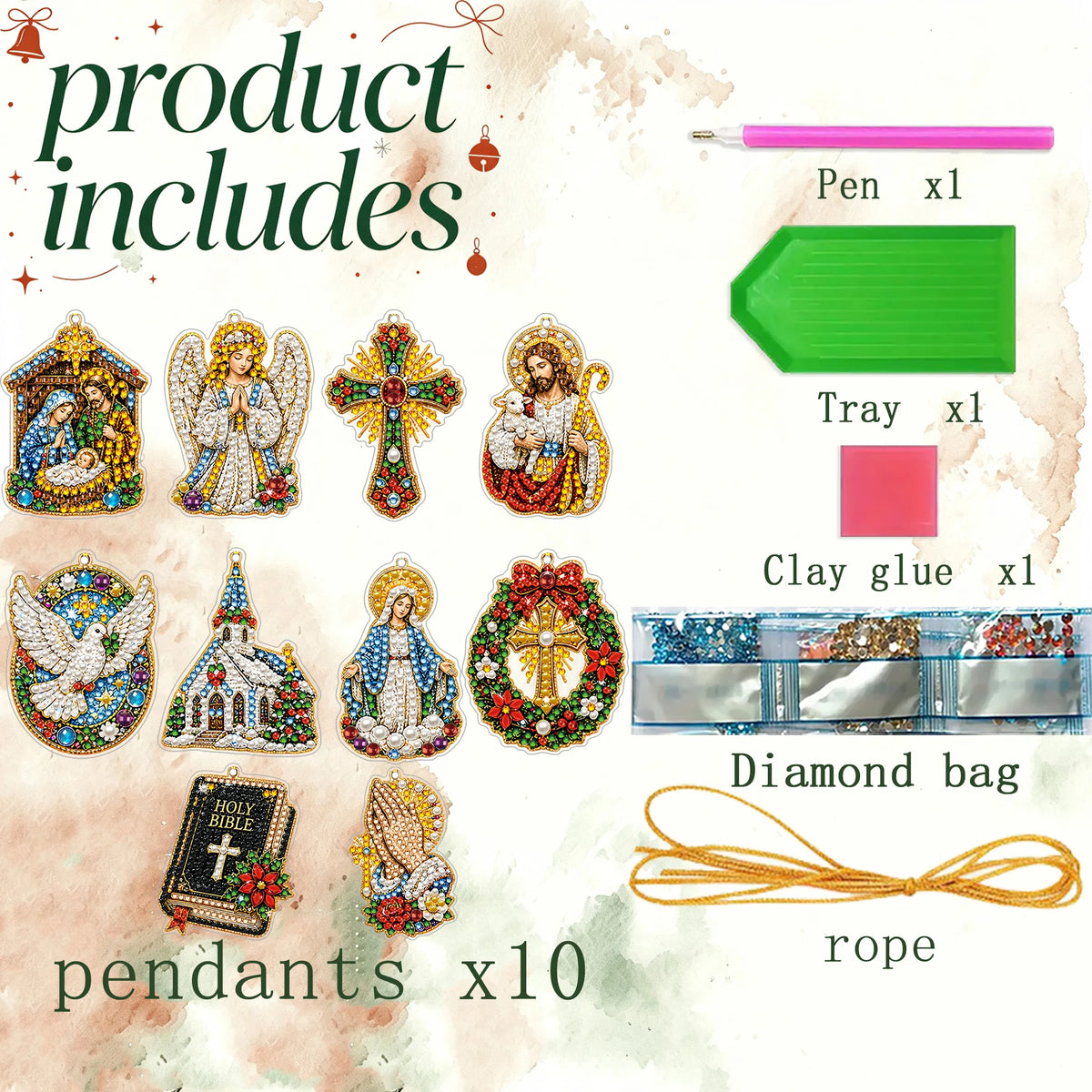 DIY Christmas Diamond Painting Ornaments, 10-Piece Set