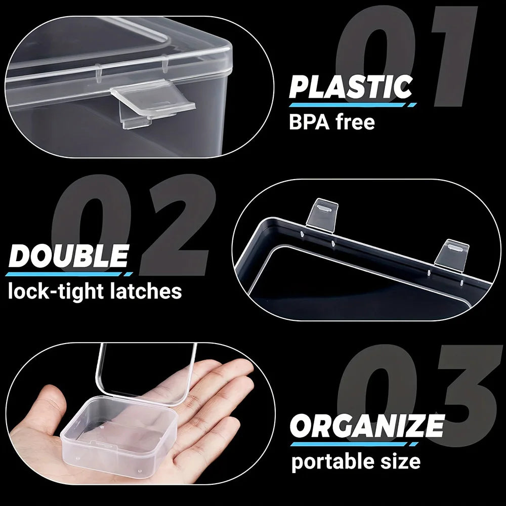 Feature infographic highlighting BPA-free plastic, double lock-tight latches, and portable mini box size for small parts organization on black background