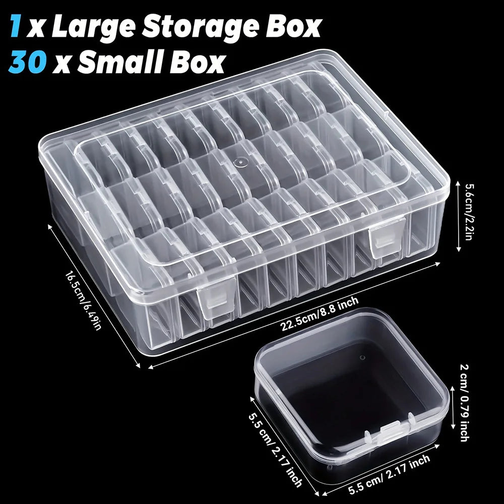 Size infographic showing large storage box 22.5x16.5x5.6cm holding 30 small BPA-free mini boxes each 5.5x5.5x2cm on black background