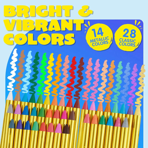 Colorful pencils with metallic and classic color options on a blue background