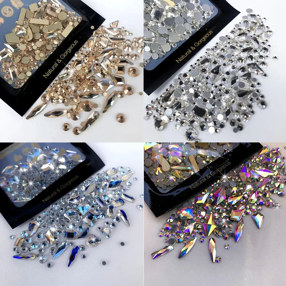Collage of various types of rhinestones in different colors and sizes with 'Natura & Gorgeous' packaging.