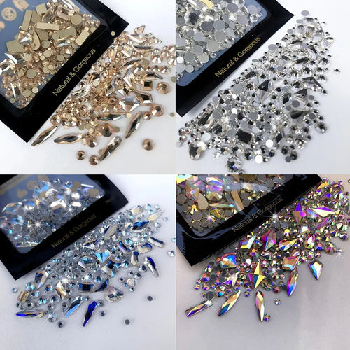 Collage of various types of rhinestones in different colors and sizes with 'Natura & Gorgeous' packaging.
