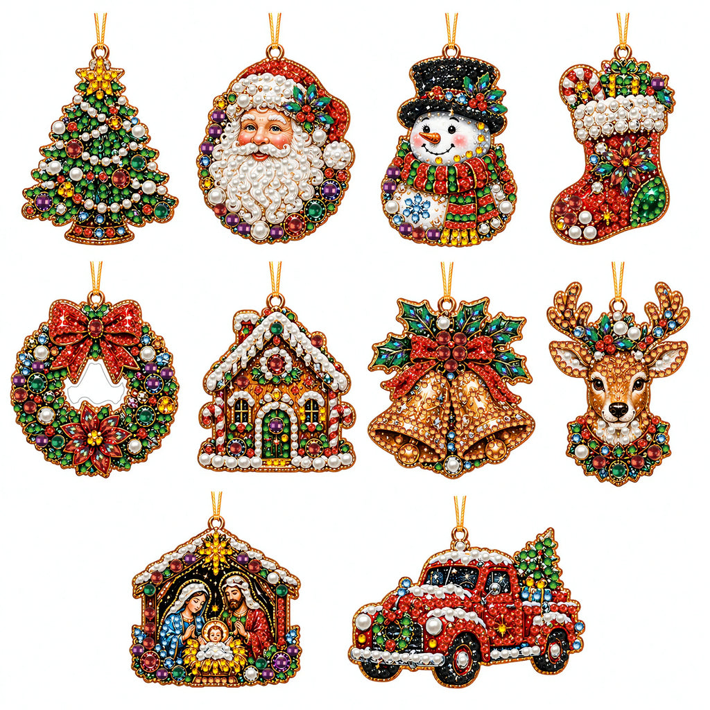 DIY Christmas Diamond Painting Ornaments, 10-Piece Set