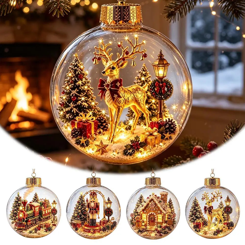 A large round clear Christmas ornament with a gold cap and internal holiday scene featuring a golden deer, lit trees, gifts, and a lantern, shown above four smaller views of the same ornament design on a white background.