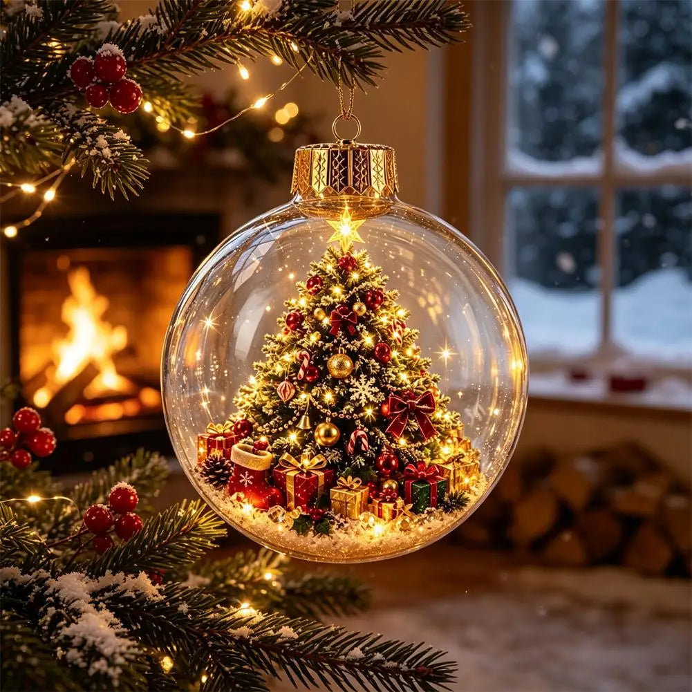 A clear round Christmas ornament hanging from a decorated tree branch, containing a miniature lit Christmas tree, gift boxes, and snow-like white filler, with a warm fireplace and snowy window in the background.