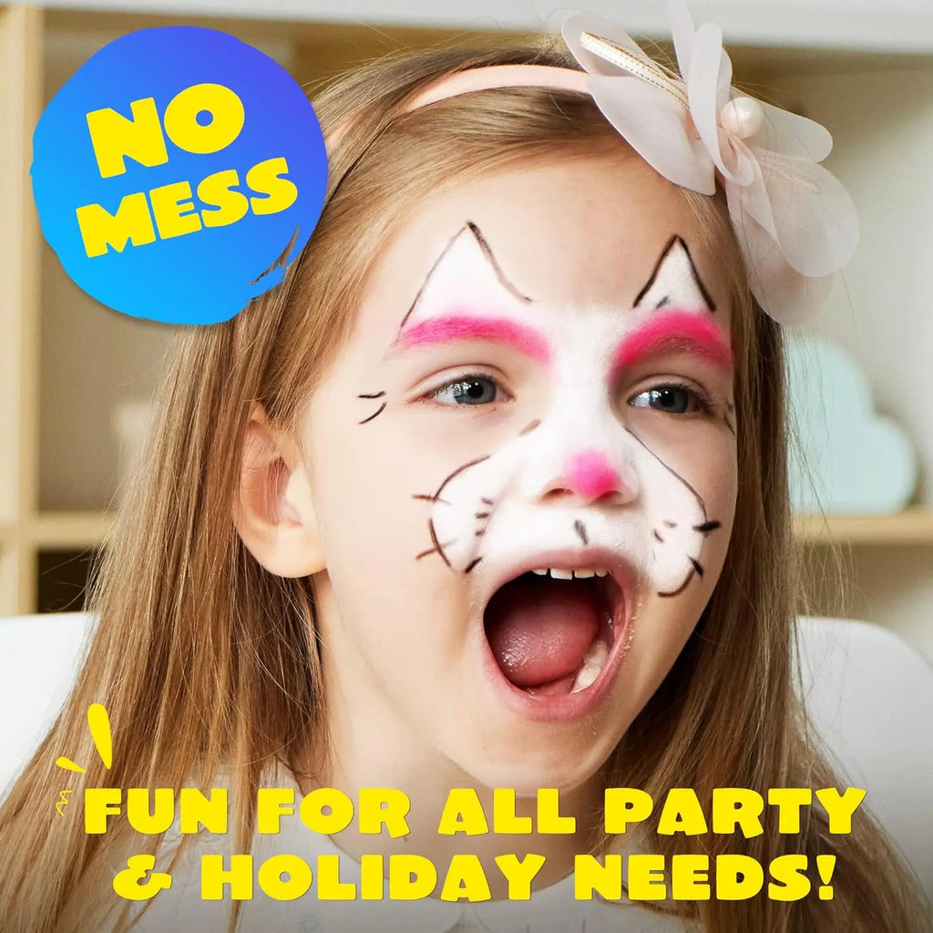Child with cat face paint and text 'No Mess, Fun for all party & holiday needs!'