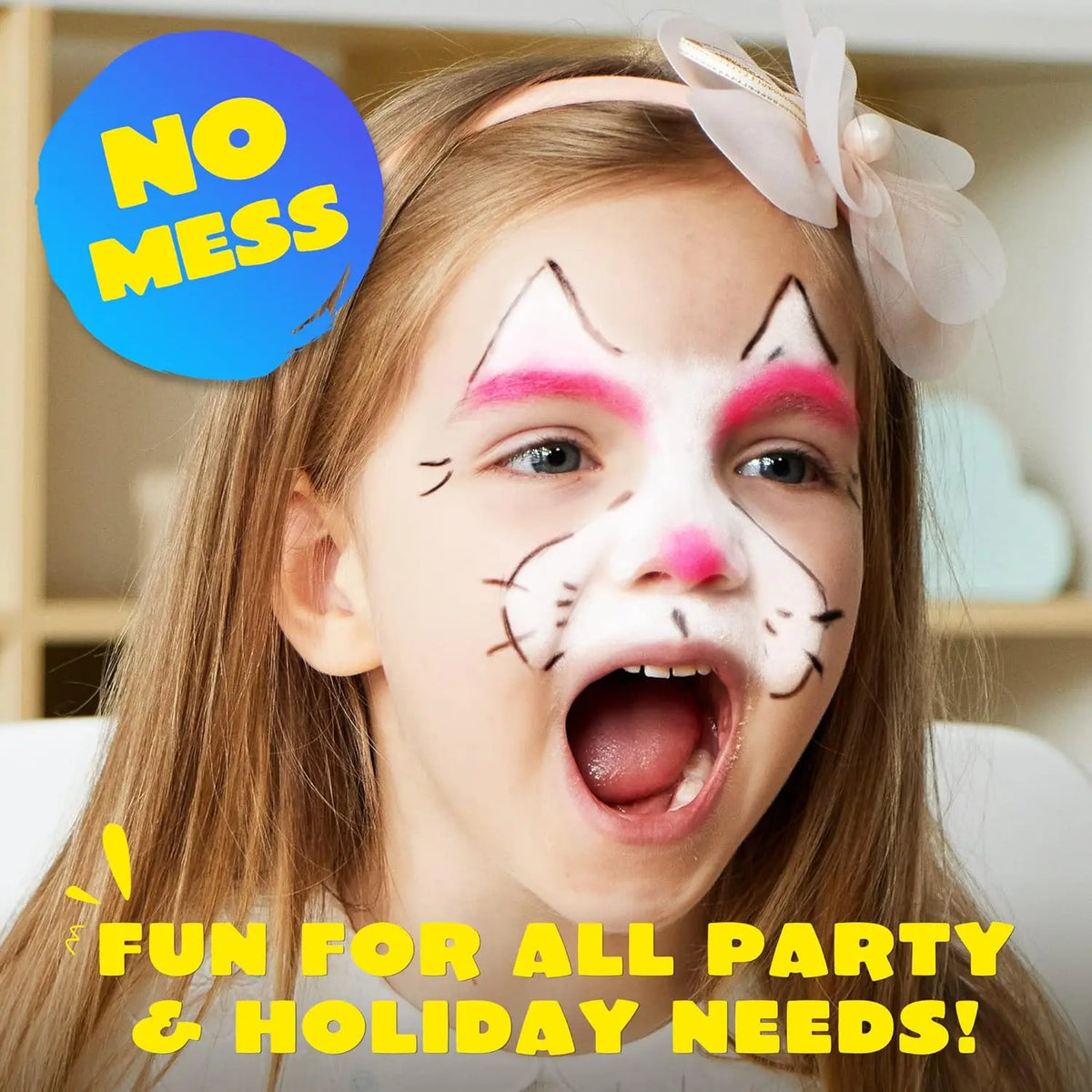 Child with cat face paint and text 'No Mess, Fun for all party & holiday needs!'