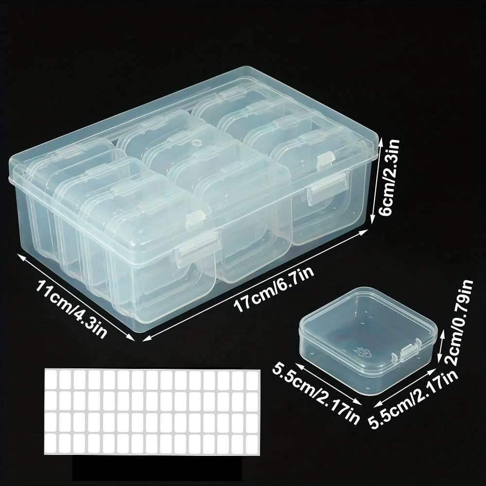Size infographic for medium box 17x11x6cm holding 12 mini square boxes 5.5x5.5x2cm with label stickers shown on black background