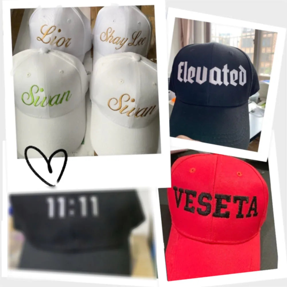 Collection of baseball caps with various text designs on a collage.