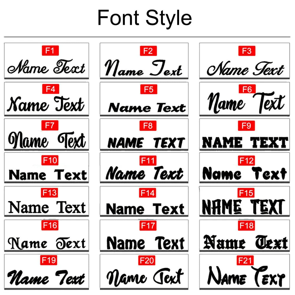 Various font styles labeled F1 to F21 on a white background