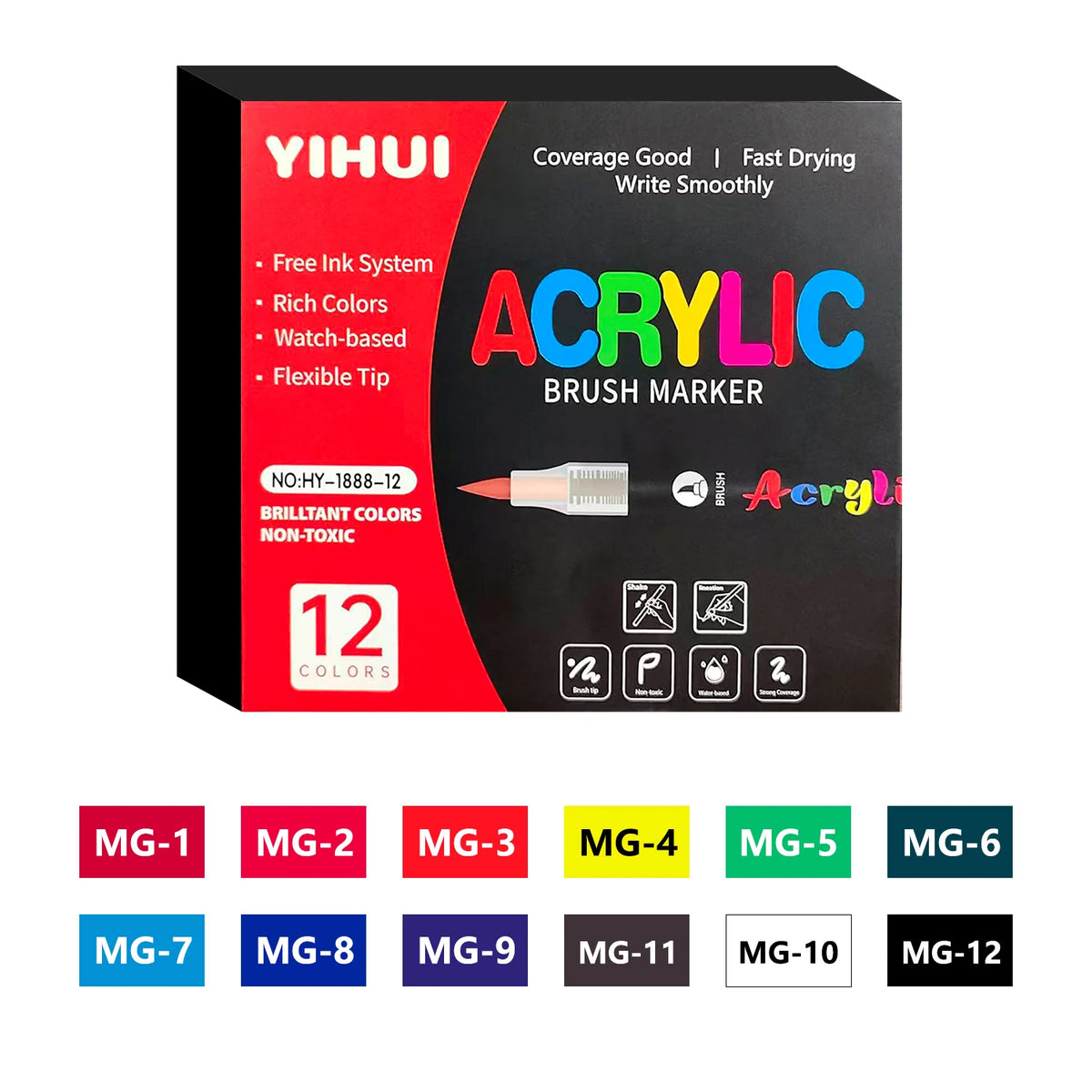 YIHUI acrylic brush marker packaging with color options displayed below.