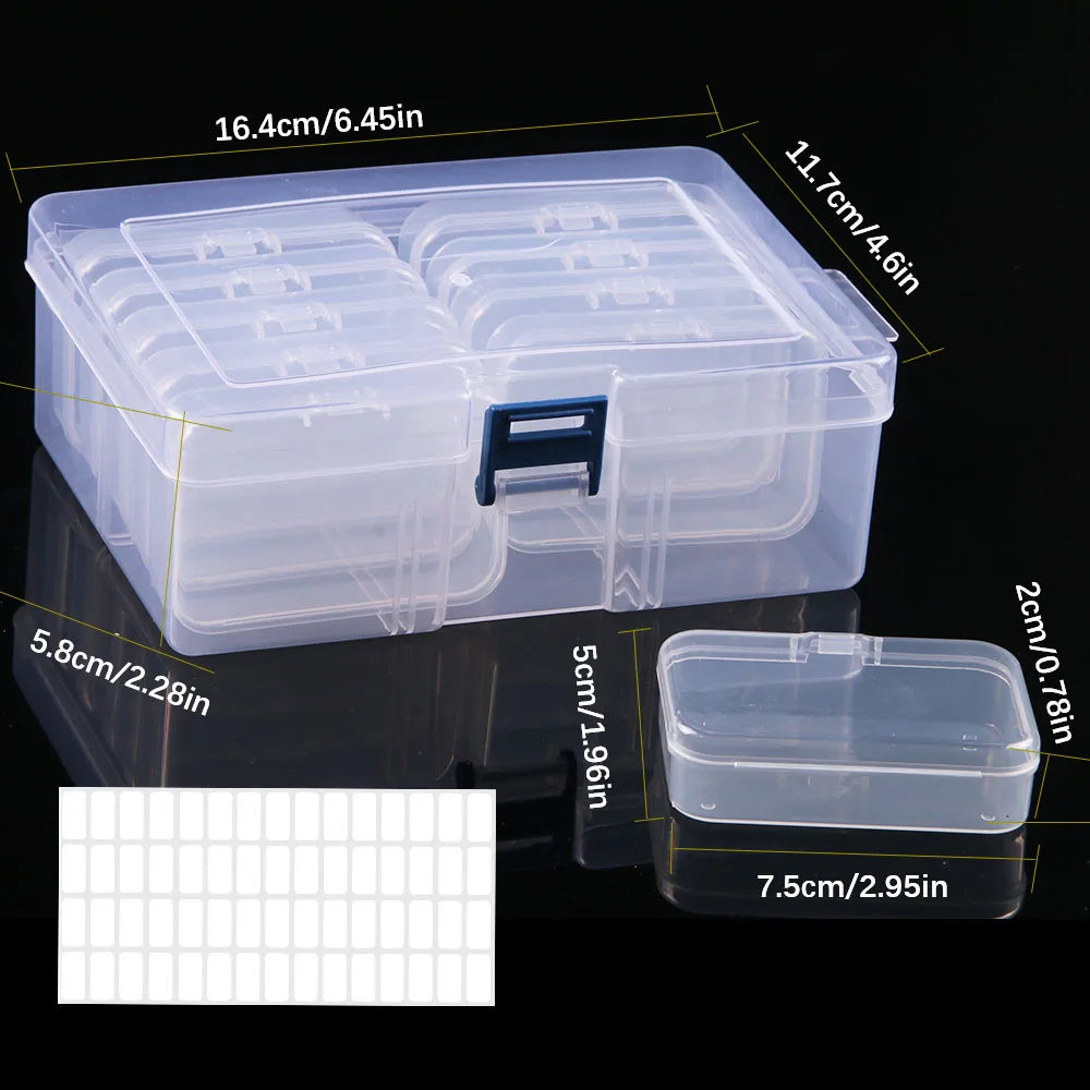 Size infographic for rectangular-box variant: large box 16.4x11.7x5.8cm with blue latch holding 12 mini rectangular boxes 7.5x5x2cm with label stickers shown