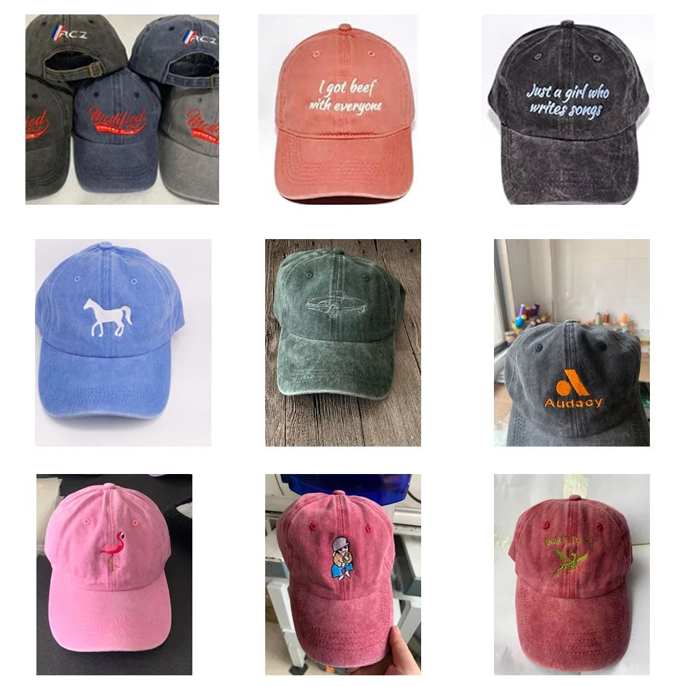 Collage of various hats with different designs and text on a white background.