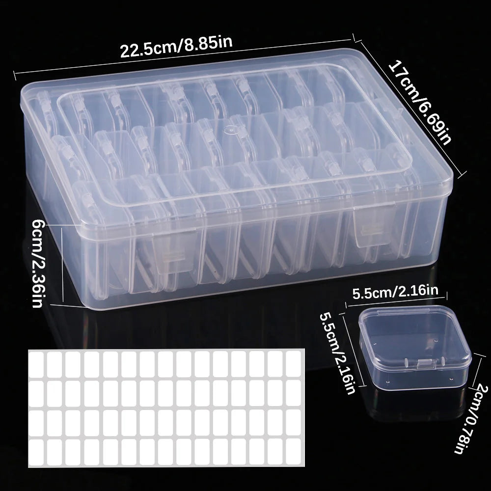 Clear plastic storage box with measurements on a black background